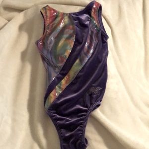 Alpha Factor Girls Gymnastic Leotard Purple velvet rainbow iridescent